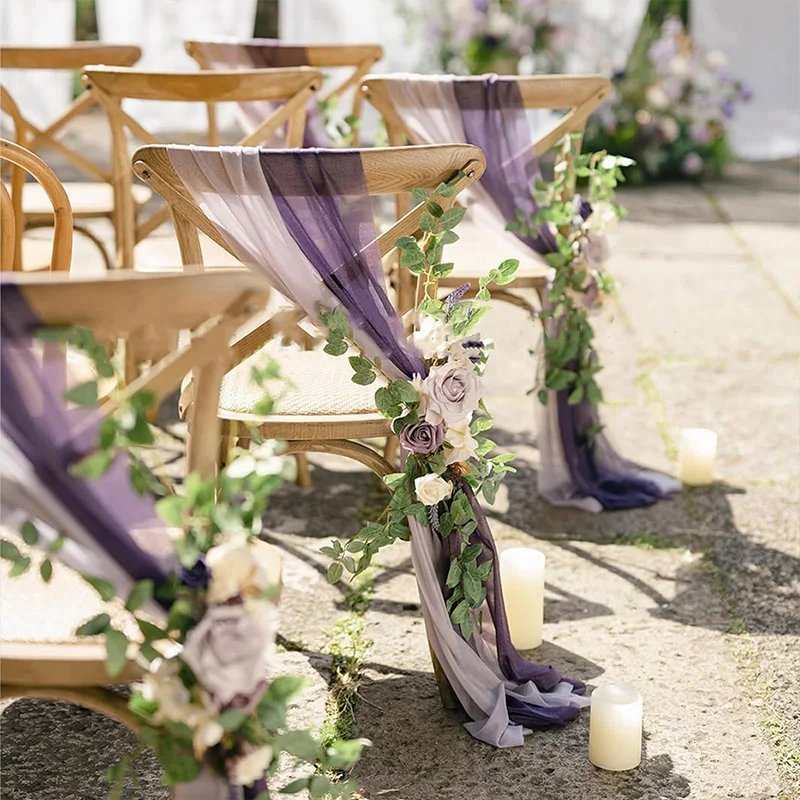 3Pcs Chiffon Chair Sashes Wedding Chair Covers Ribbon Baby Shower Party Aisle Artificial Flower Chair Cover Hotel Banquet Decor