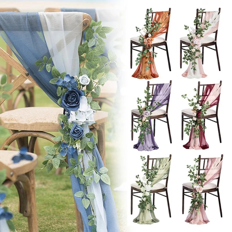 3Pcs Chiffon Chair Sashes Wedding Chair Covers Ribbon Baby Shower Party Aisle Artificial Flower Chair Cover Hotel Banquet Decor
