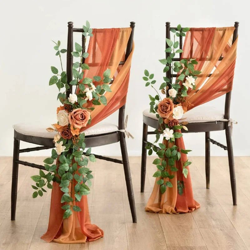3Pcs Chiffon Chair Sashes Wedding Chair Covers Ribbon Baby Shower Party Aisle Artificial Flower Chair Cover Hotel Banquet Decor
