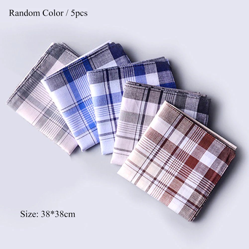 5Pcs/lot Square Plaid Stripe Handkerchiefs Men Classic Vintage Pocket Pocket Cotton Towel For Wedding Party 38*38cm Random
