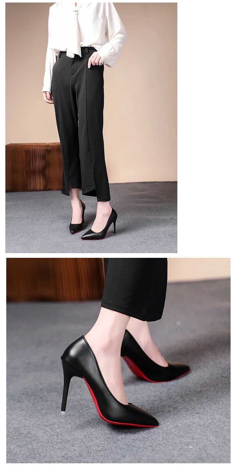 Sexy Fashion Women's Soft Leather Pumps Spring New Thin High Heels 2024 New Dress Shoes Ladies Stiletto Black Big Size
