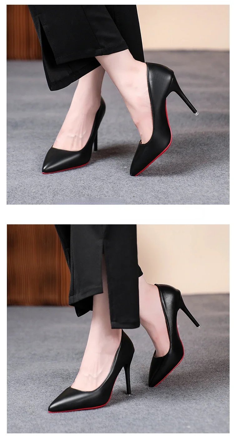 Sexy Fashion Women's Soft Leather Pumps Spring New Thin High Heels 2024 New Dress Shoes Ladies Stiletto Black Big Size