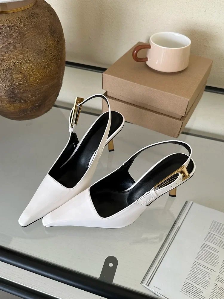 Eilyken Street Style Sexy Pointed Toe Metal Buckle Strap Women Pumps Stripper Sandals Slingback High Heels Female Shoes