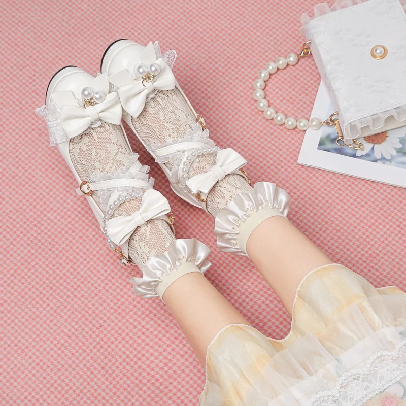交叉带女式高跟鞋玛丽珍鞋派对婚礼角色扮演白色粉色黑色草莓蝴蝶结公主角色扮演洛丽塔鞋