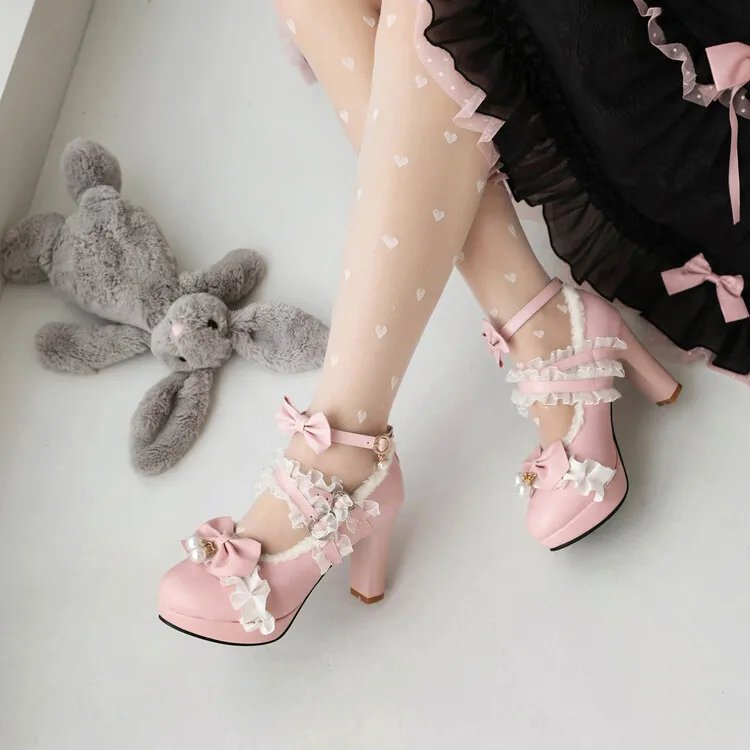 交叉带女式高跟鞋玛丽珍鞋派对婚礼角色扮演白色粉色黑色草莓蝴蝶结公主角色扮演洛丽塔鞋