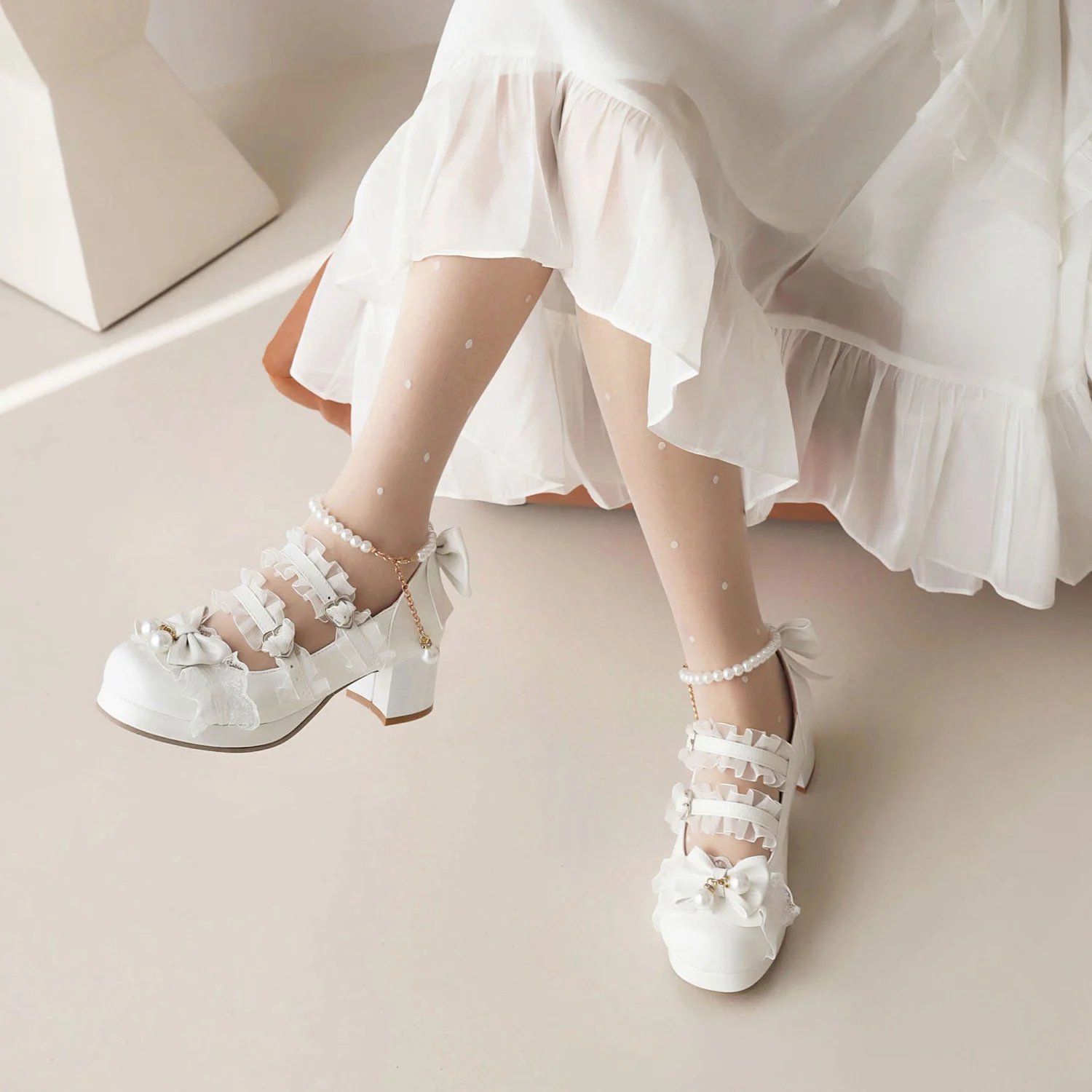 交叉带女式高跟鞋玛丽珍鞋派对婚礼角色扮演白色粉色黑色草莓蝴蝶结公主角色扮演洛丽塔鞋