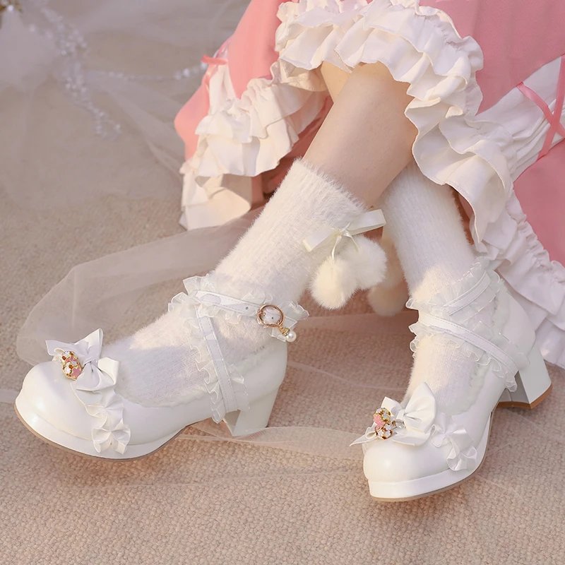 交叉带女式高跟鞋玛丽珍鞋派对婚礼角色扮演白色粉色黑色草莓蝴蝶结公主角色扮演洛丽塔鞋