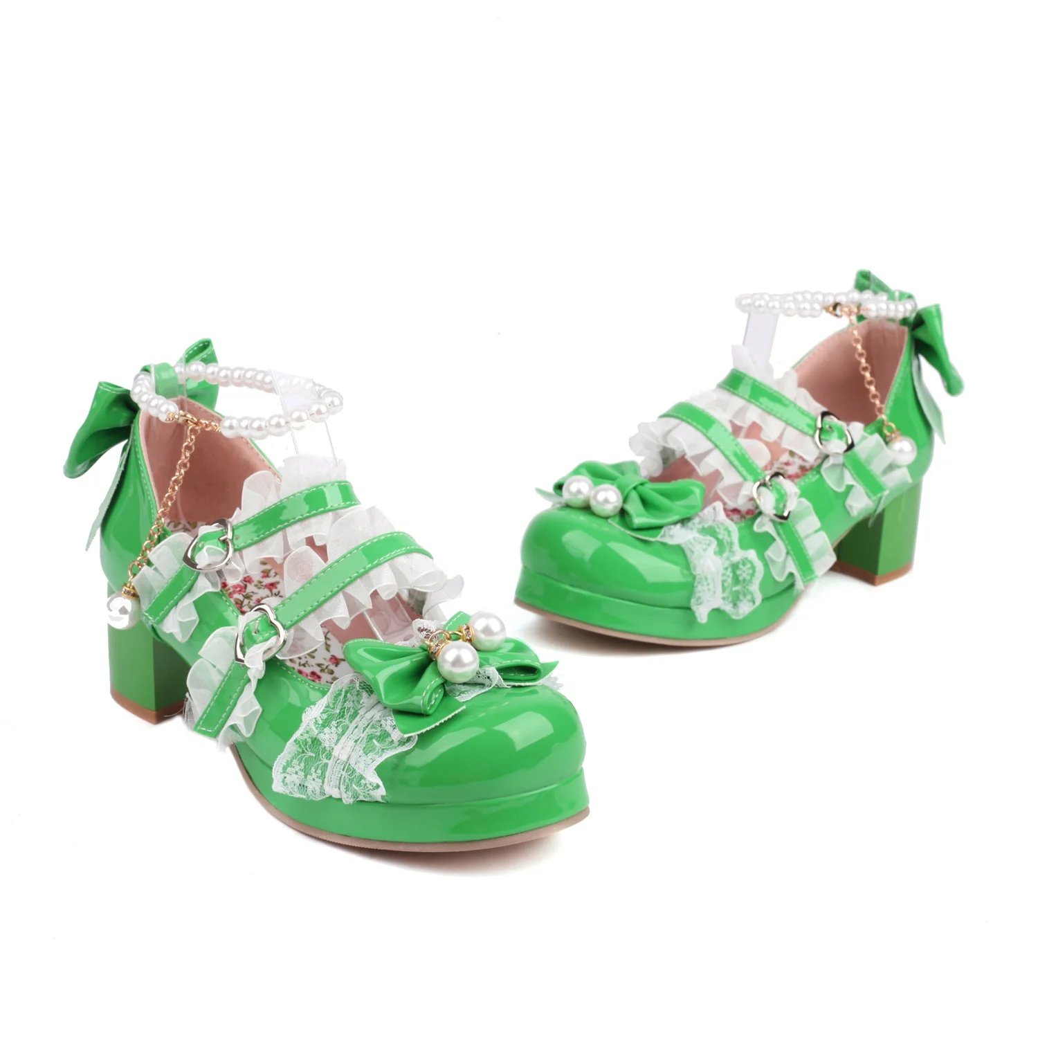 交叉带女式高跟鞋玛丽珍鞋派对婚礼角色扮演白色粉色黑色草莓蝴蝶结公主角色扮演洛丽塔鞋