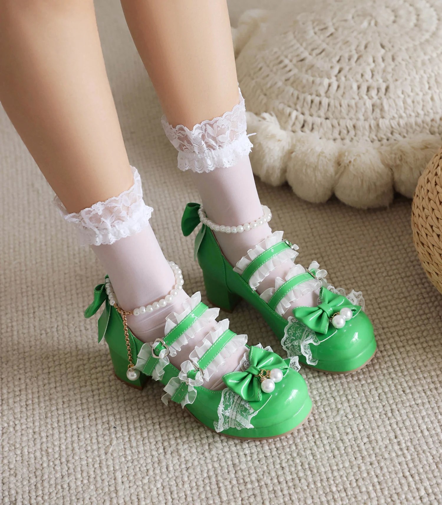 交叉带女式高跟鞋玛丽珍鞋派对婚礼角色扮演白色粉色黑色草莓蝴蝶结公主角色扮演洛丽塔鞋
