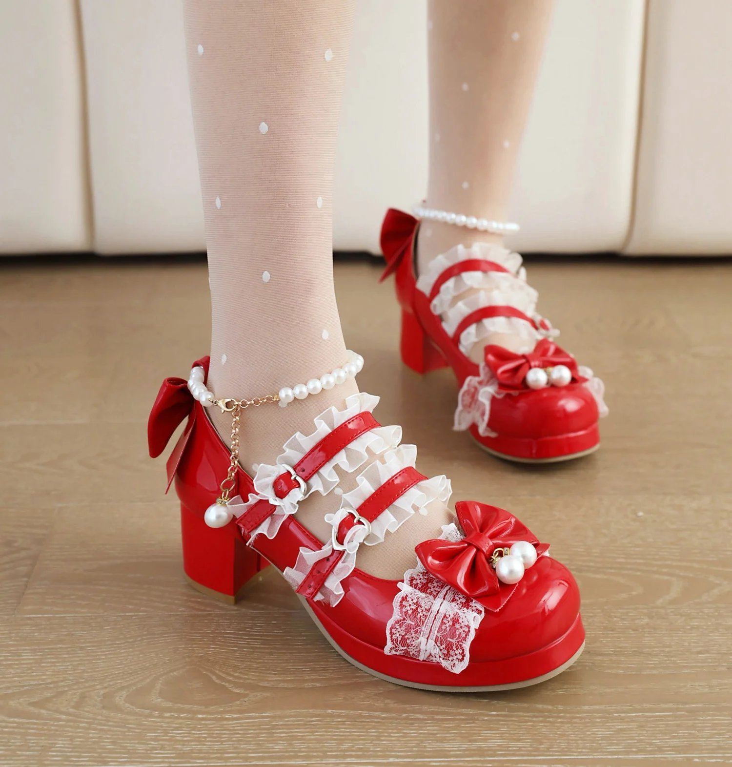 交叉带女式高跟鞋玛丽珍鞋派对婚礼角色扮演白色粉色黑色草莓蝴蝶结公主角色扮演洛丽塔鞋