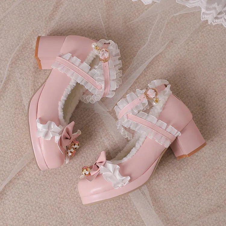 交叉带女式高跟鞋玛丽珍鞋派对婚礼角色扮演白色粉色黑色草莓蝴蝶结公主角色扮演洛丽塔鞋