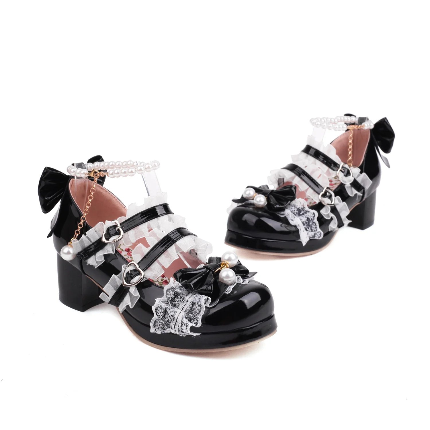 交叉带女式高跟鞋玛丽珍鞋派对婚礼角色扮演白色粉色黑色草莓蝴蝶结公主角色扮演洛丽塔鞋