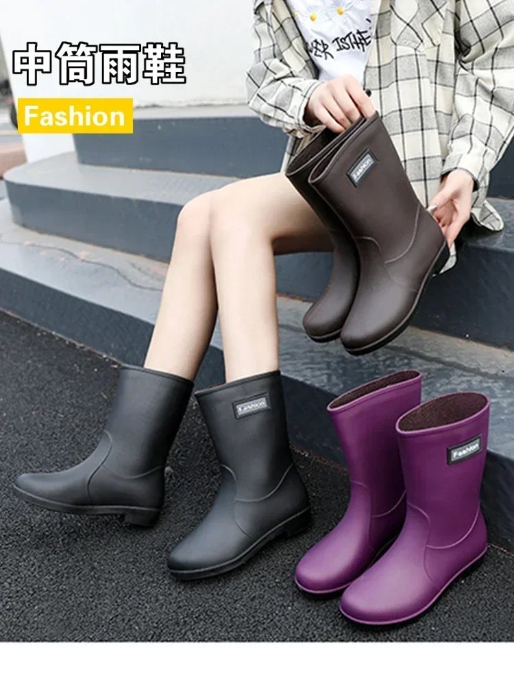 Rain boots women's four seasons fashion outdoor mid-tube waterproof non-slip rubber shoes fashion rain boots with cotton cover