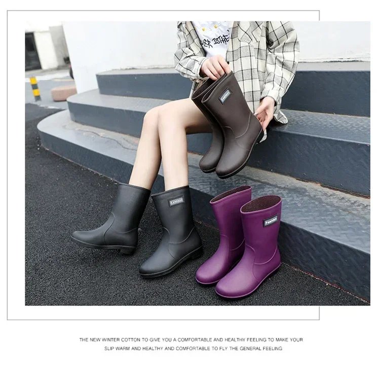 Rain boots women's four seasons fashion outdoor mid-tube waterproof non-slip rubber shoes fashion rain boots with cotton cover