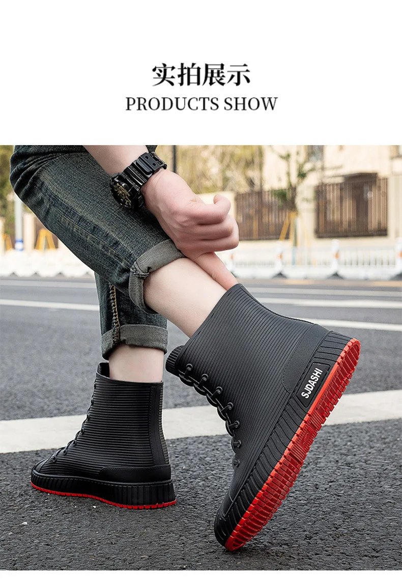 Fashion Men's Rain Boots Rubber Gumboots Slip on Mid-calf Waterproof Working Boots Comfort Red Non-slip Fishing Shoes for Men