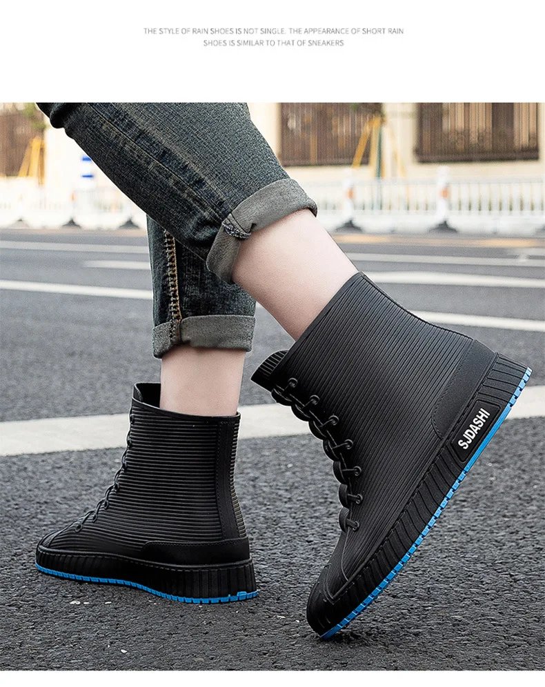 Fashion Men's Rain Boots Rubber Gumboots Slip on Mid-calf Waterproof Working Boots Comfort Red Non-slip Fishing Shoes for Men