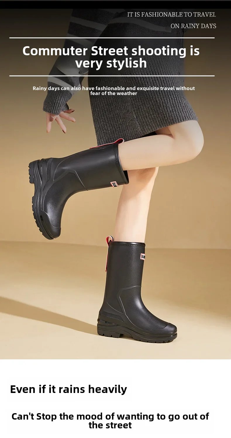 Fashionable Korean Style Women's Rain Boots Mid-high Sock Length Wool Lined Warm Versatile Waterproof Leather Outdoor Shoes