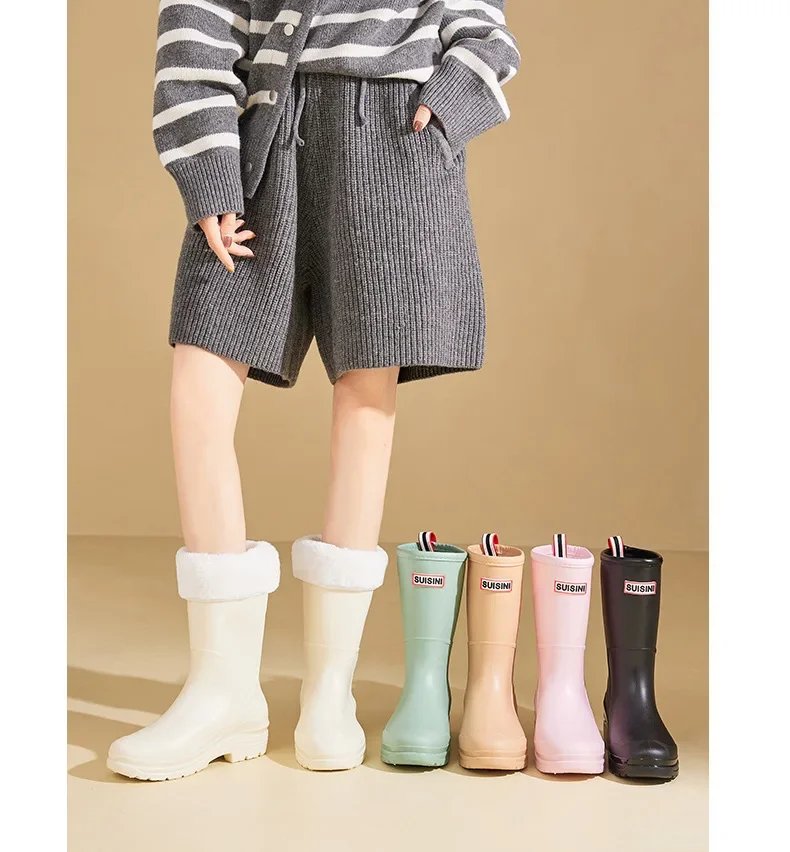 Fashionable Korean Style Women's Rain Boots Mid-high Sock Length Wool Lined Warm Versatile Waterproof Leather Outdoor Shoes