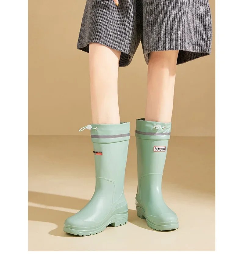 Fashionable Korean Style Women's Rain Boots Mid-high Sock Length Wool Lined Warm Versatile Waterproof Leather Outdoor Shoes