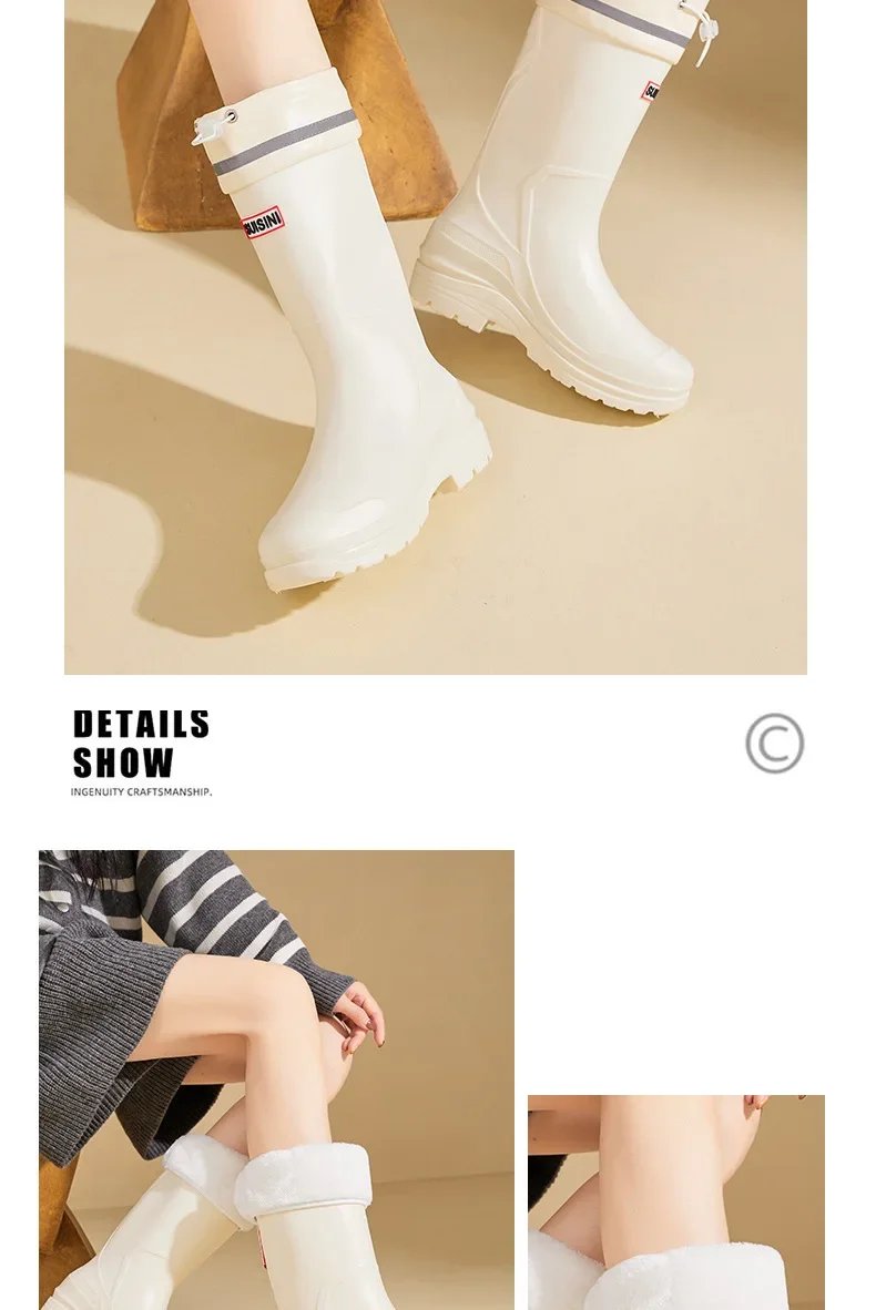 Fashionable Korean Style Women's Rain Boots Mid-high Sock Length Wool Lined Warm Versatile Waterproof Leather Outdoor Shoes