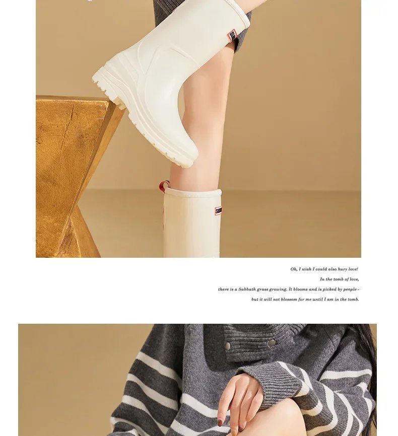 Fashionable Korean Style Women's Rain Boots Mid-high Sock Length Wool Lined Warm Versatile Waterproof Leather Outdoor Shoes