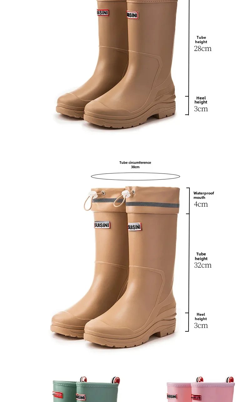 Fashionable Korean Style Women's Rain Boots Mid-high Sock Length Wool Lined Warm Versatile Waterproof Leather Outdoor Shoes