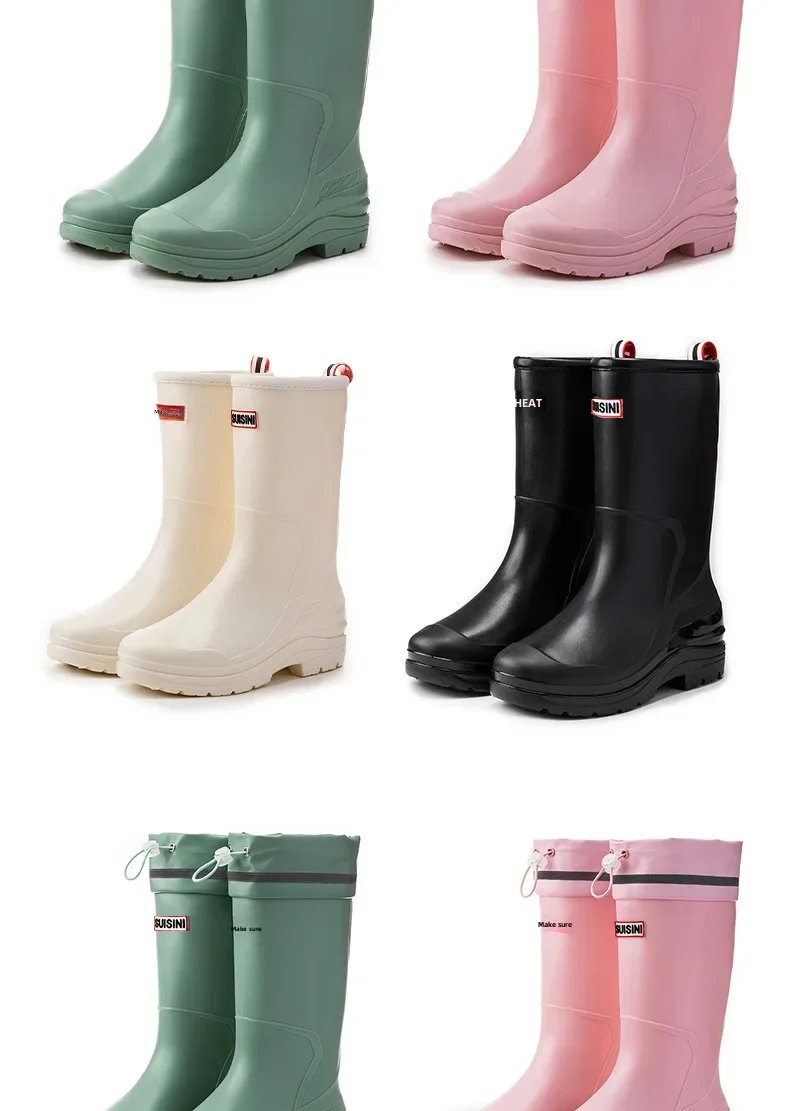 Fashionable Korean Style Women's Rain Boots Mid-high Sock Length Wool Lined Warm Versatile Waterproof Leather Outdoor Shoes