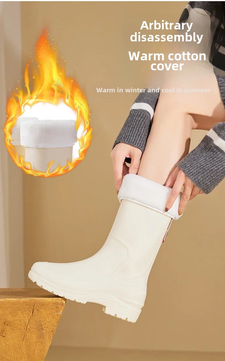 Fashionable Korean Style Women's Rain Boots Mid-high Sock Length Wool Lined Warm Versatile Waterproof Leather Outdoor Shoes