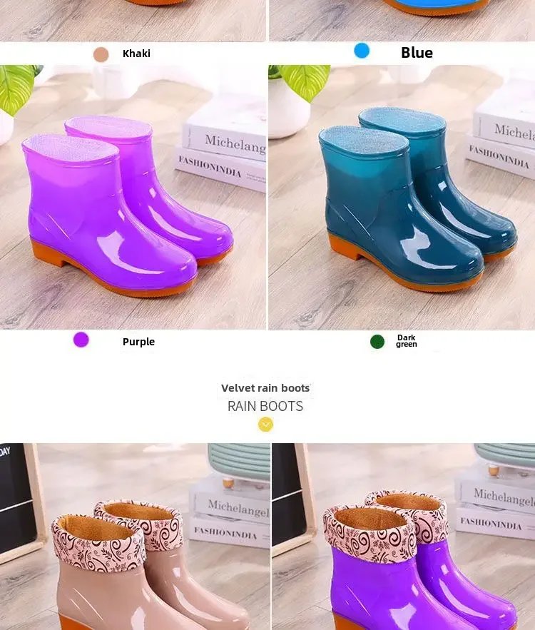 Fashionable Women's Short Sleeve Rain Shoes Cotton Lined Non-slip Rain Boots Fleece Lined For Adults Kitchen Work Shoes