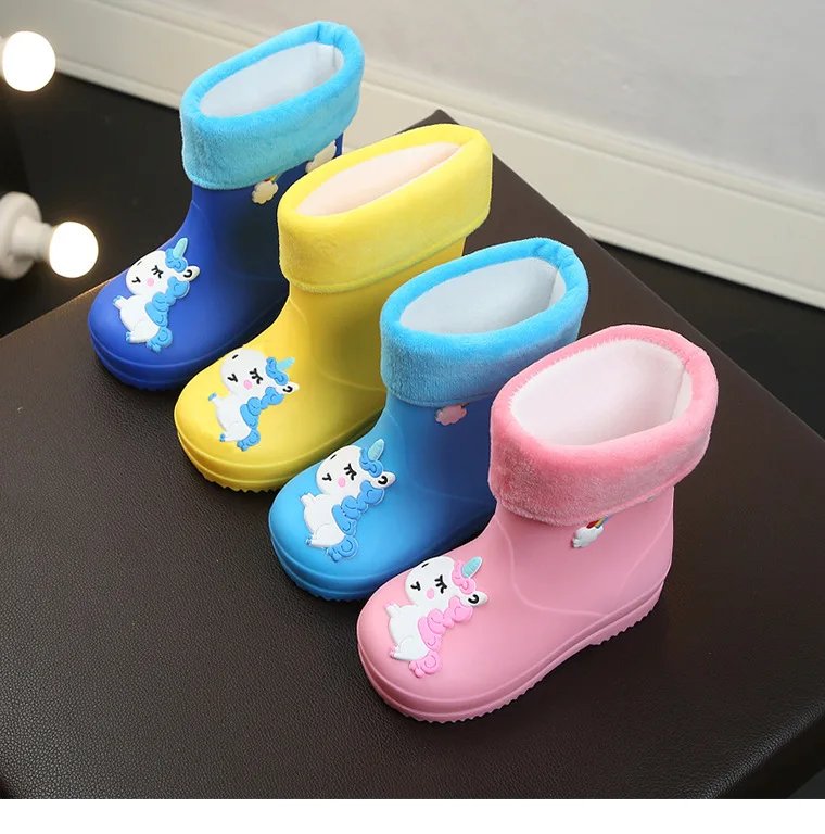New Kids Rain Boots For Girls Rubber Rainboot Boys Baby Girls PVC Warm Children Waterproof Shoes Modis Cartoon Unicorn Removable