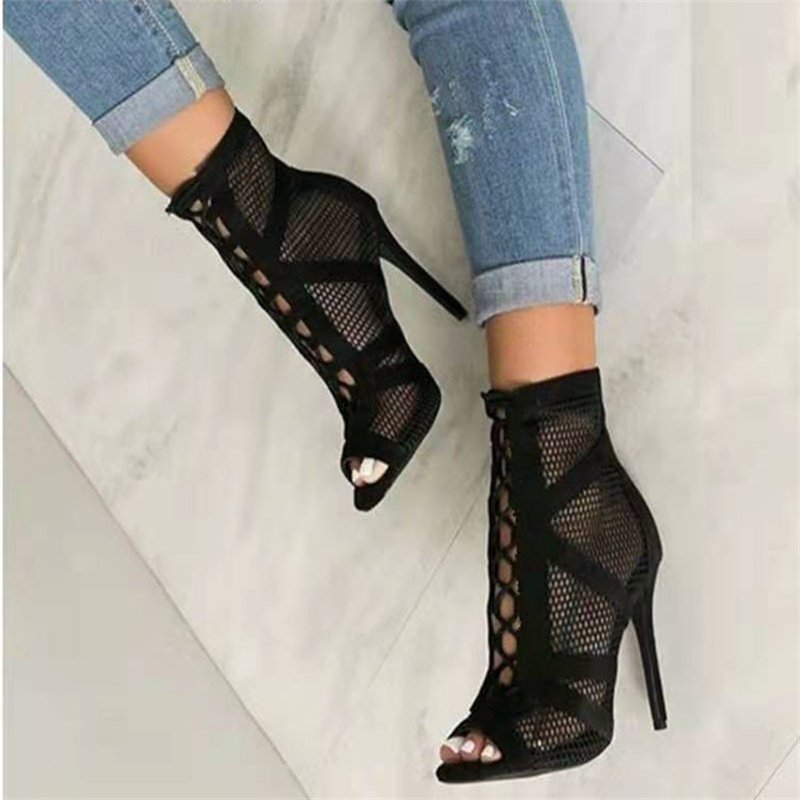 New Fashion Show Black Net Fabric Cross Strap Sexy High Heel Sandals Woman Shoes Pumps Lace-up Peep Toe Sandals Casual Mesh New Fashion Show Black Net Fabric Cross Strap Sexy High Heel Sandals Woman Shoes Pumps Lace-up Peep Toe Sandals Casual Mesh