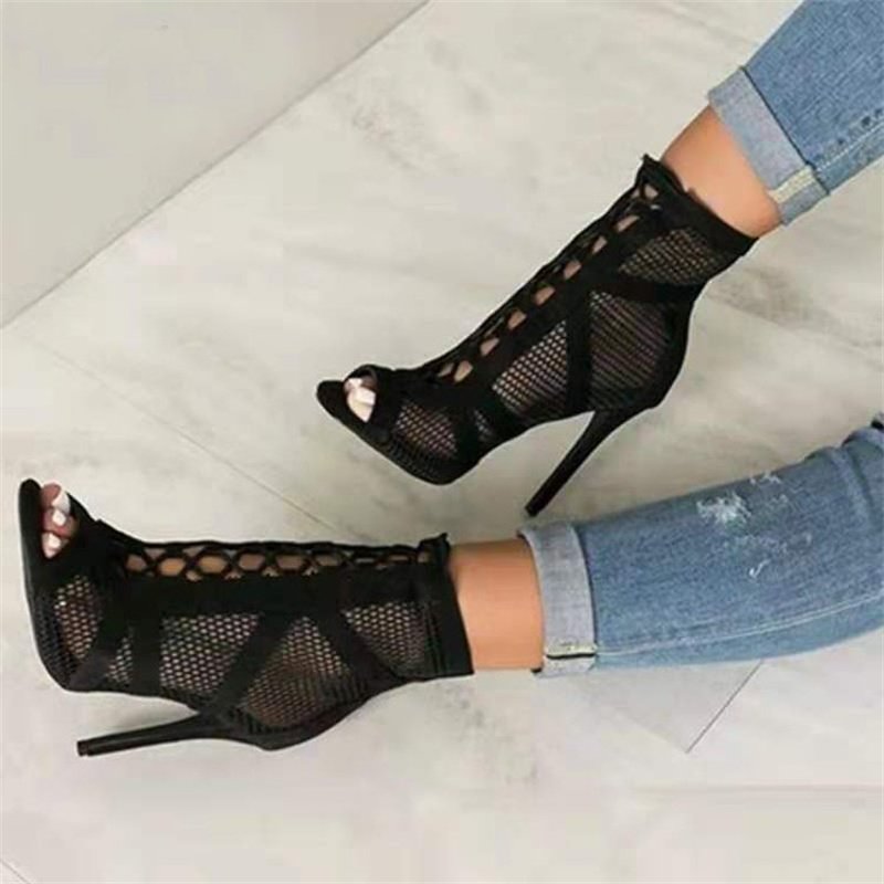 New Fashion Show Black Net Fabric Cross Strap Sexy High Heel Sandals Woman Shoes Pumps Lace-up Peep Toe Sandals Casual Mesh New Fashion Show Black Net Fabric Cross Strap Sexy High Heel Sandals Woman Shoes Pumps Lace-up Peep Toe Sandals Casual Mesh
