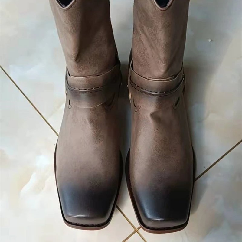 Retro Cowboy Boots Women Men Mid Calf Outdoor Men Vintage PU Shoes Man Slip on Winter Gladiator Booties Unisex Chelsea Boots Men