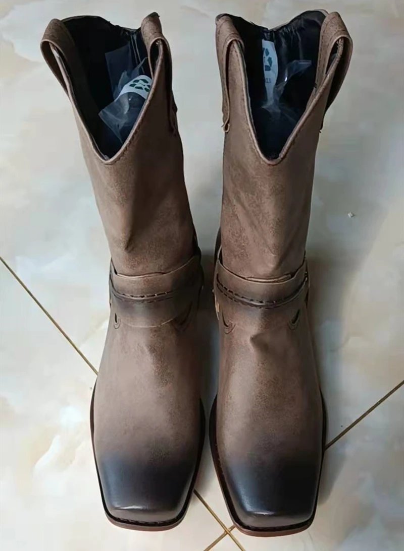 Retro Cowboy Boots Women Men Mid Calf Outdoor Men Vintage PU Shoes Man Slip on Winter Gladiator Booties Unisex Chelsea Boots Men