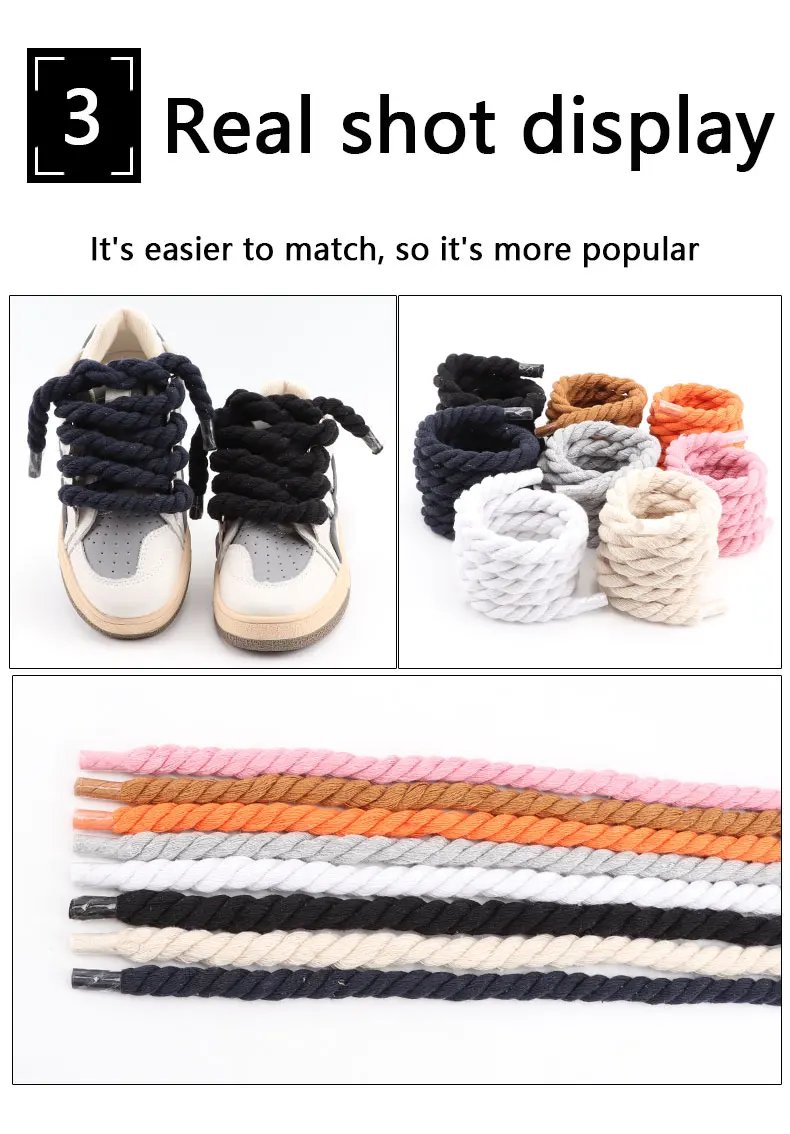 Quality Round Shoelaces Hand-woven 1CM Shoelace Three-strand Cotton Rope Solid Color Bold Cotton Twist Decoration Shoe Laces