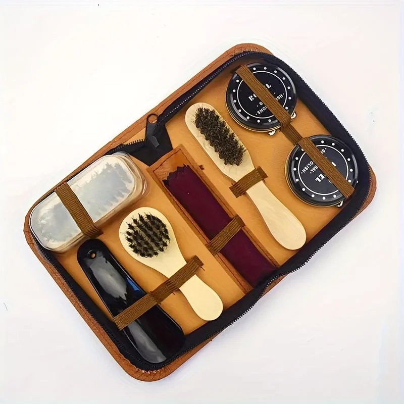 8pcs/set Professional Portable Shoes Care Kit Cleaning Set Brush Shine Polishing Tool For Leather Shoes Wooden Shoe Brush Wax