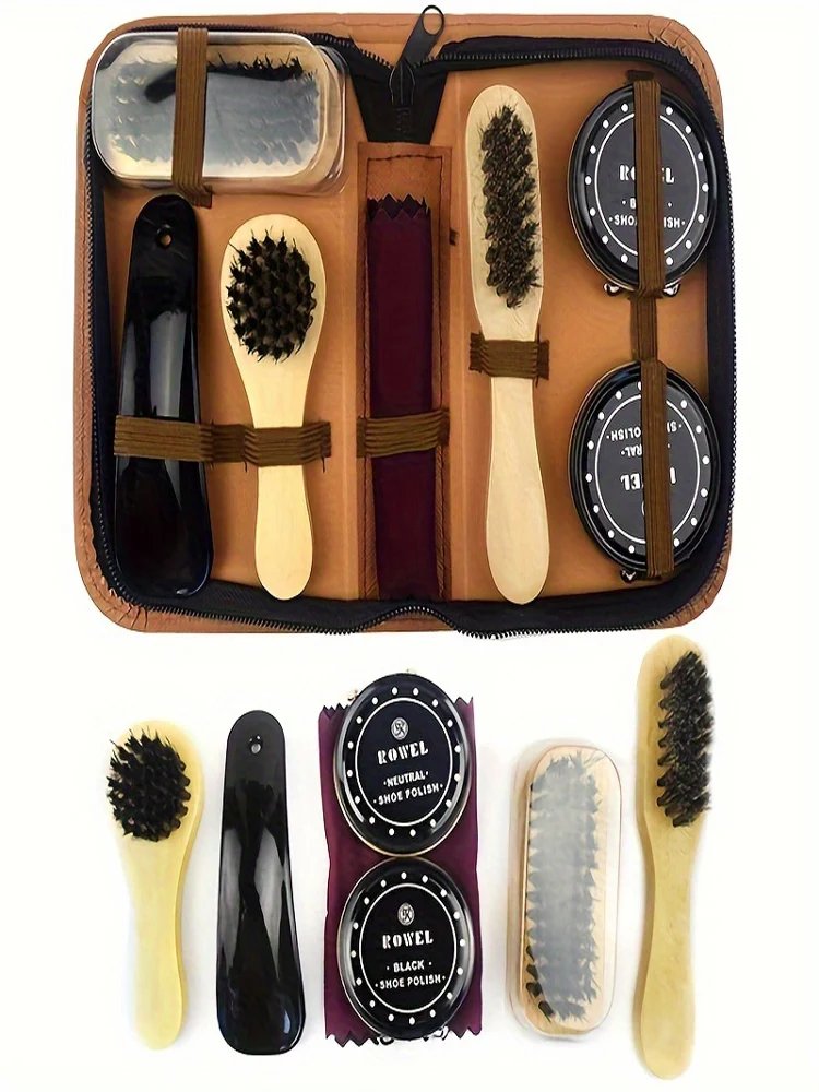 8pcs/set Professional Portable Shoes Care Kit Cleaning Set Brush Shine Polishing Tool For Leather Shoes Wooden Shoe Brush Wax