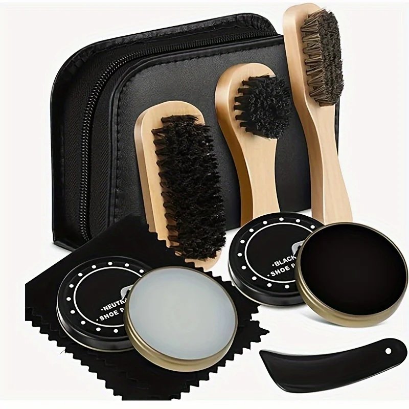 8pcs/set Professional Portable Shoes Care Kit Cleaning Set Brush Shine Polishing Tool For Leather Shoes Wooden Shoe Brush Wax