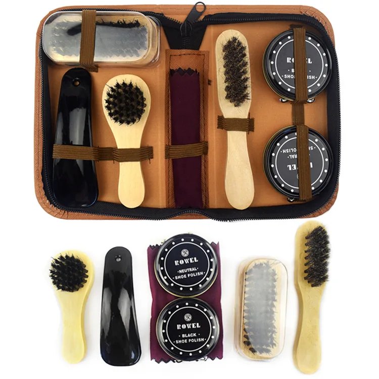 8pcs/set Professional Portable Shoes Care Kit Cleaning Set Brush Shine Polishing Tool For Leather Shoes Wooden Shoe Brush Wax