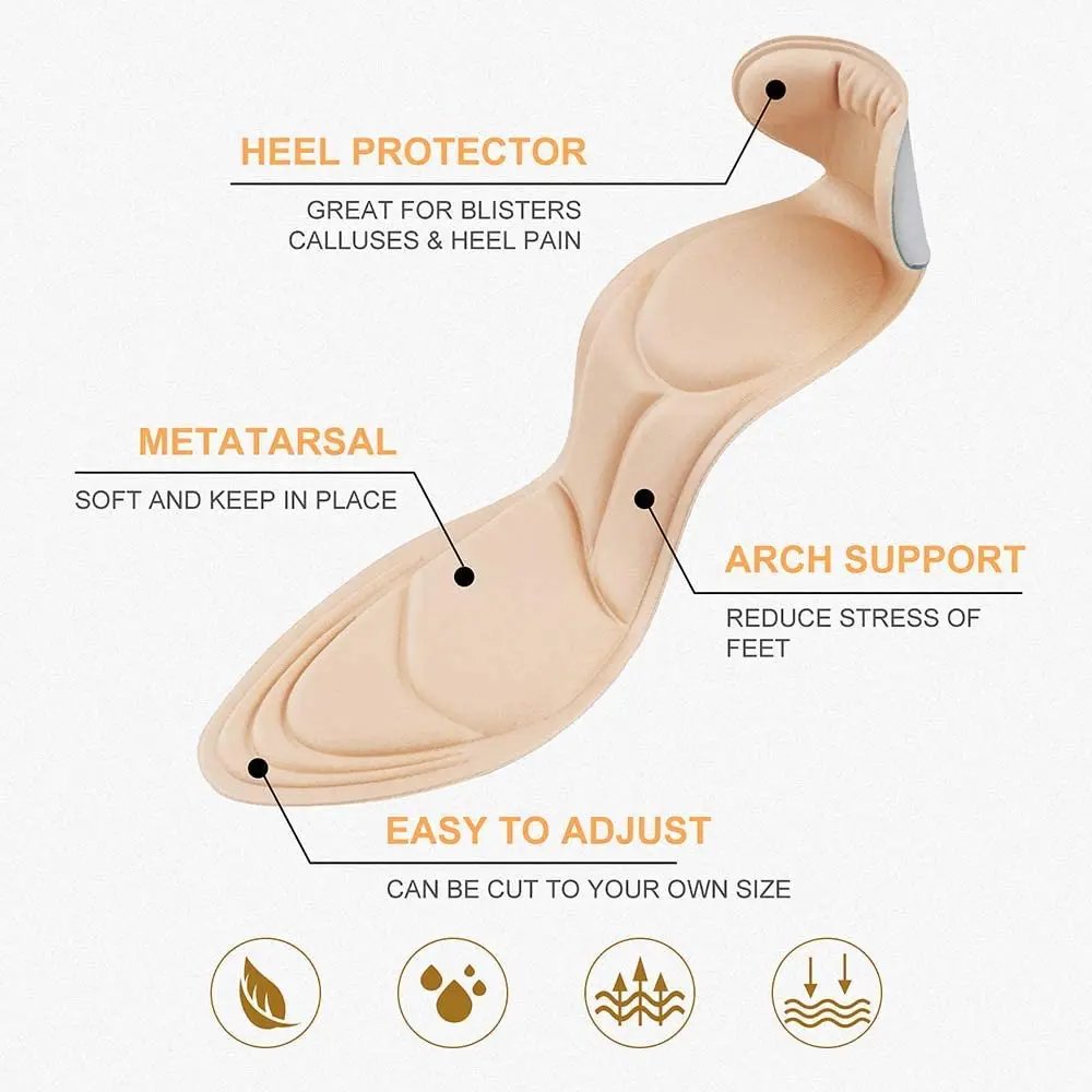 7D Soft Memory Foam Insole Pad Inserts Heel Post Back Breathable Anti-slip for Women High Heel Shoe Shoe Arch Support Insoles
