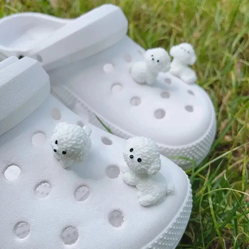 3D Cute Mini Puppy Shoe Decoration Set Detachable Diy Bichon Frise Dog Figurines Accessory, Used For Clogs, Holiday Party Gifts