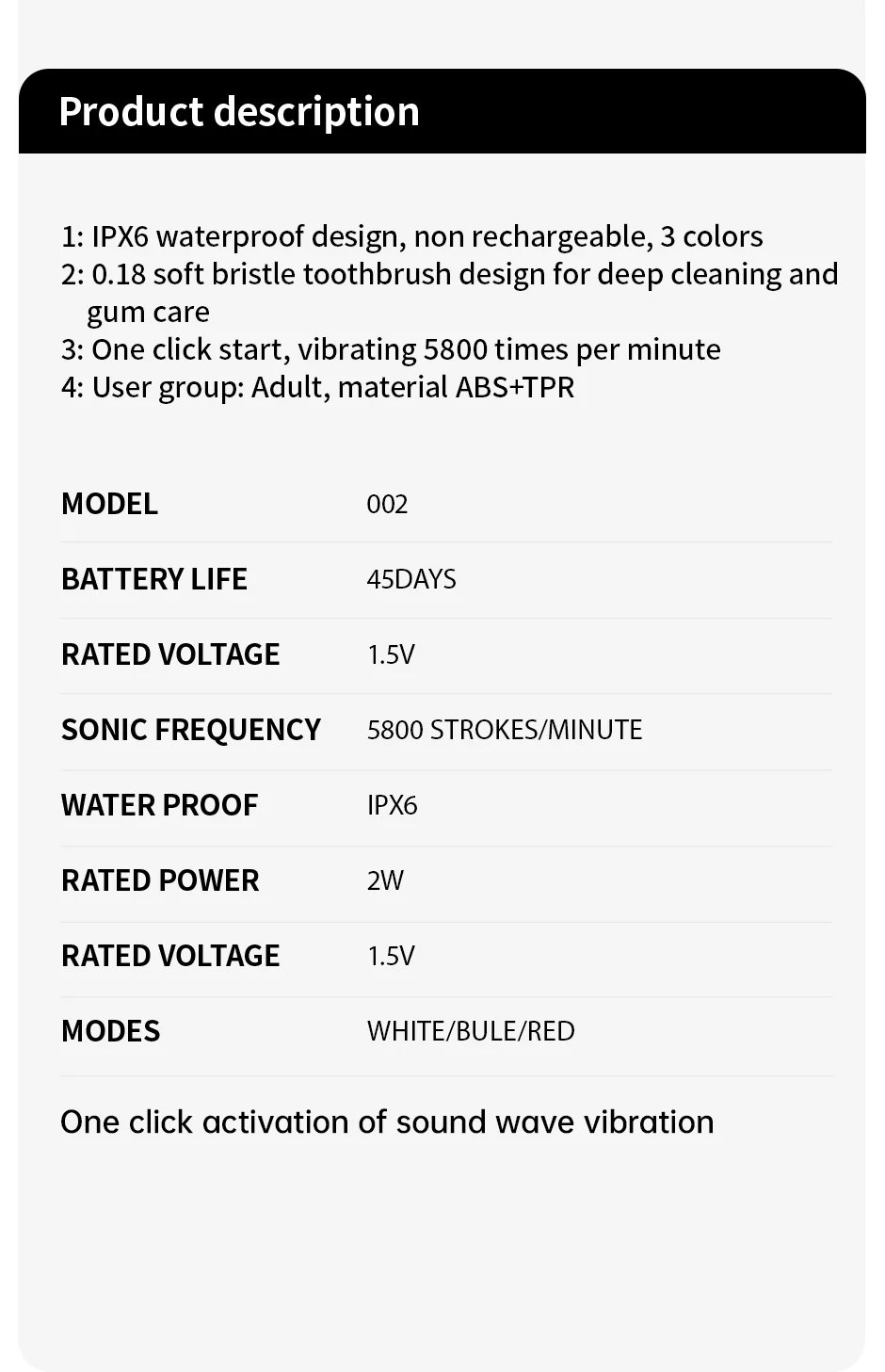 Purchase limit 1 piece Sonic Electric Toothbrush for Men and Women Adult Household Non Rechargeable Soft Hair IPX6 Waterproof Purchase limit 1 piece Sonic Electric Toothbrush for Men and Women Adult Household Non Rechargeable Soft Hair IPX6 Waterproof