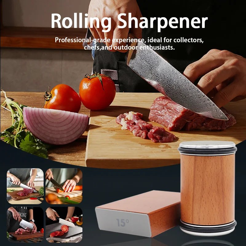 Rolling Knife Sharpener Double-Sided Diamond Sharpening Stone 15 & 20 Degree Magnetic Angle Roller Sharpening for Kitchen Knives