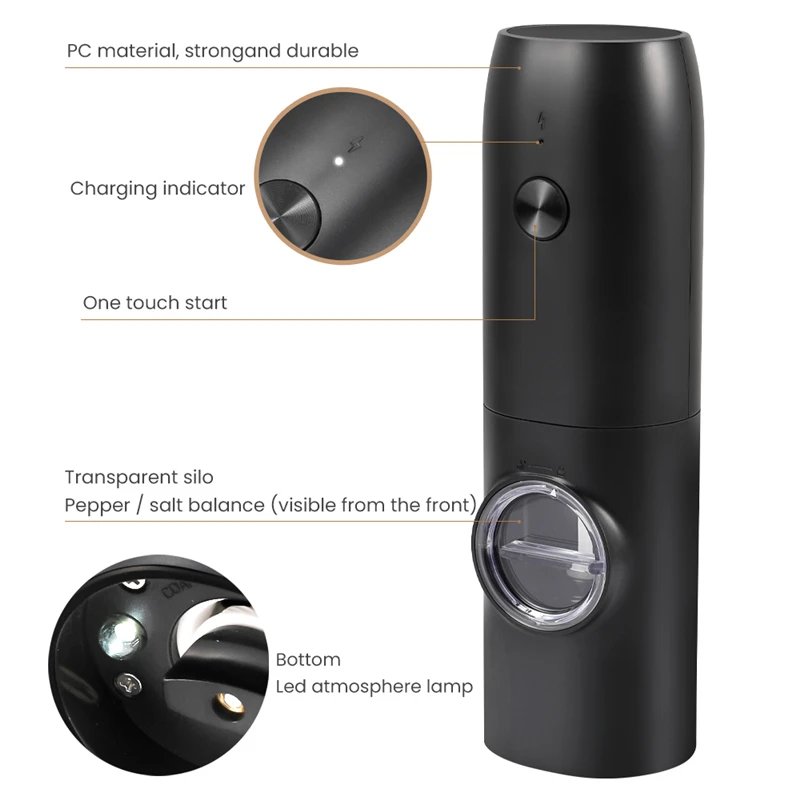 Automatic Pepper Grinder Salt And Pepper Grinder USB Rechargeable Adjustable Coarseness Spice Mill With LED Light Kitchen Tool