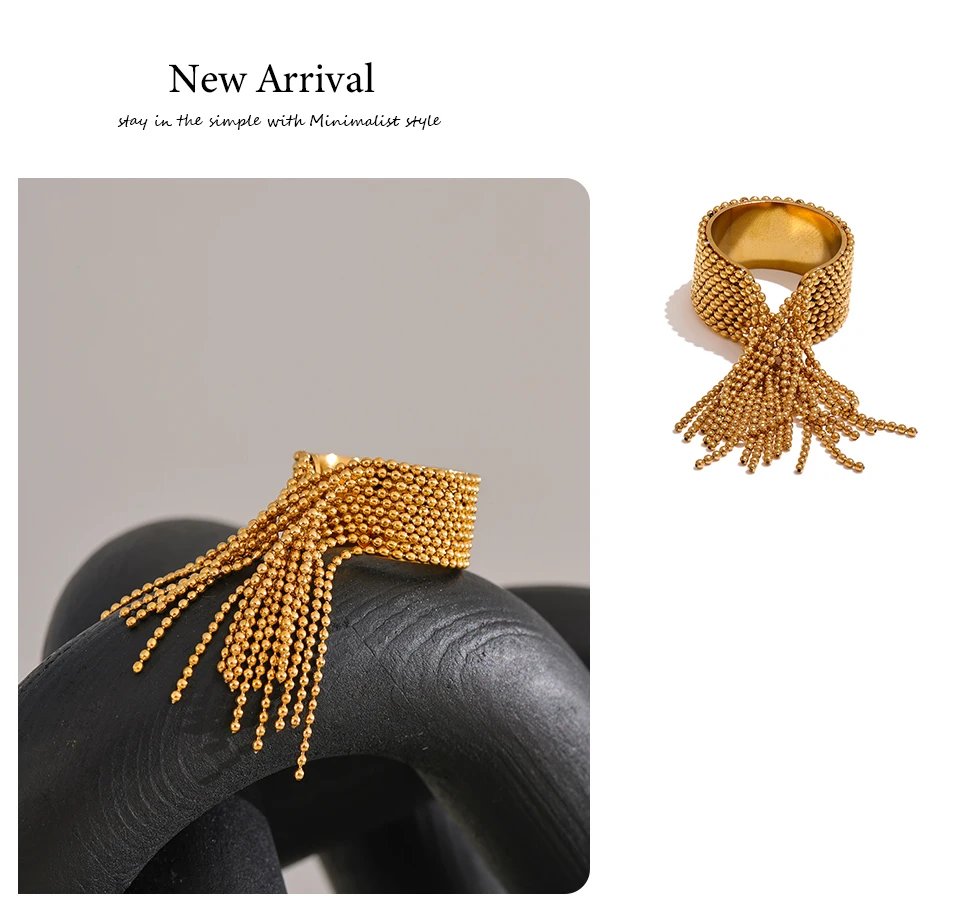Yhpup Statement Stainless Steel Chain Tassel Finger Ring Adjustable 18K PVD Plated High Quality Charm Stylish Golden Jewelry Yhpup Statement Stainless Steel Chain Tassel Finger Ring Adjustable 18K PVD Plated High Quality Charm Stylish Golden Jewelry