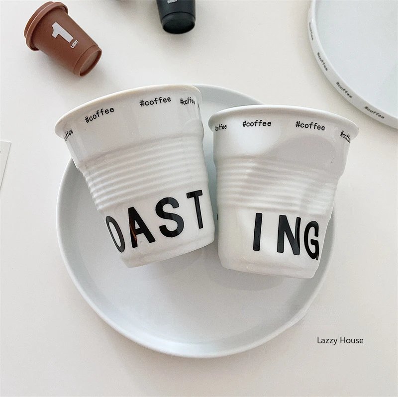6.7oz korean style cups and mugs coffee mug white ceramic nordic wrinkle cup 200ml drinking coffe tumbler English Letter