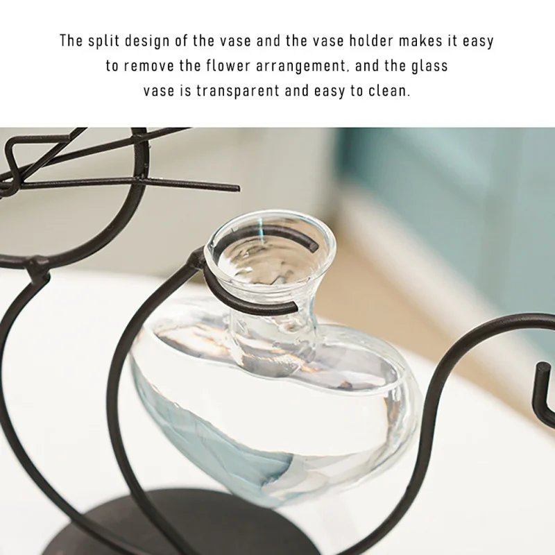 Cute Hand Welded Vases High Temperature Baking Paint Hydroponic Glass Cat Shape Heart Vase With Metal Holder