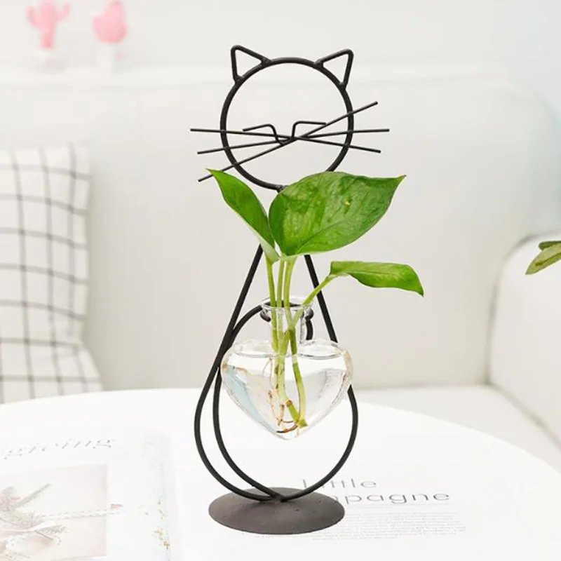 Cute Hand Welded Vases High Temperature Baking Paint Hydroponic Glass Cat Shape Heart Vase With Metal Holder