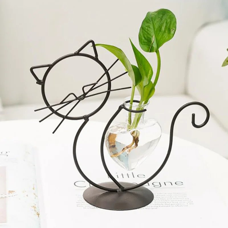 Cute Hand Welded Vases High Temperature Baking Paint Hydroponic Glass Cat Shape Heart Vase With Metal Holder