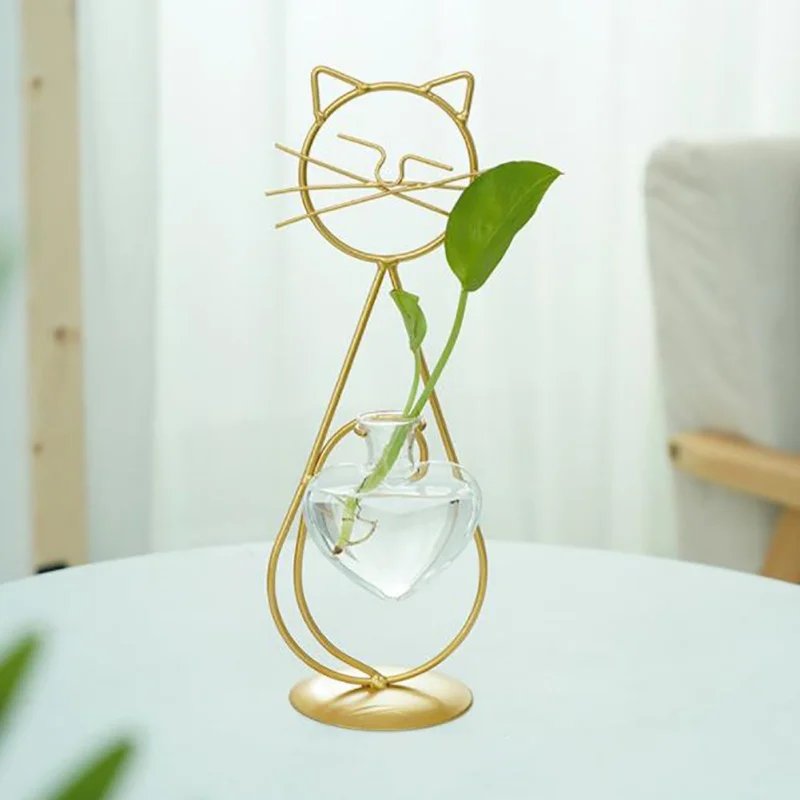 Cute Hand Welded Vases High Temperature Baking Paint Hydroponic Glass Cat Shape Heart Vase With Metal Holder